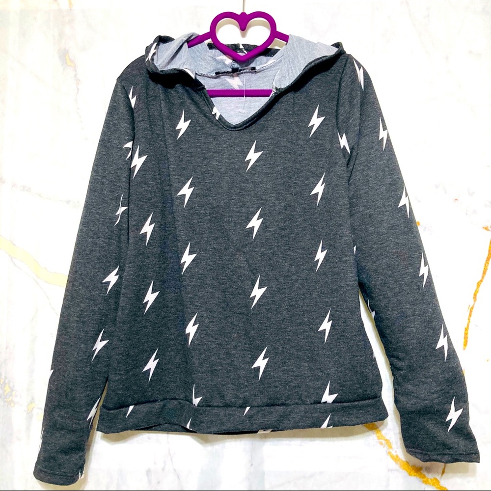 Gray v-neck oversized terry knit women sweatshirt hoodie lightning bolts, size M - Picture 1 of 6